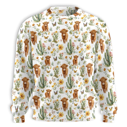 Cute Highland Cattle Sweatshirt, 3D All Over Print Fluffy Cow Crewneck Pullover for Men Women, Highland Cow Lover Gift - Netecom
