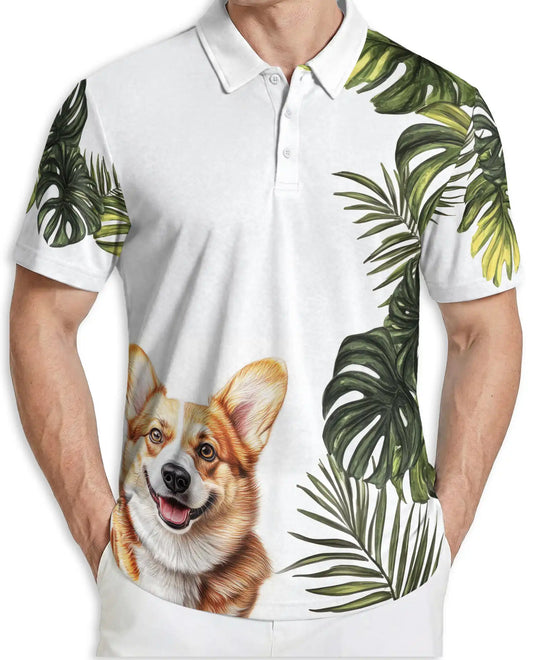 Cute Corgi Tropical Leaves 3D Polo Shirt for Men – Hawaiian Dog Lover Style | Netecom