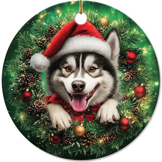 Netecom Funny Alaskan Malamute Christmas Ornament, Dog Santa Hat Ceramic Ornament for Xmas Tree Hanging Decorations Gift, Puppy Lover Gifts, Home Decor, Holiday Party Present