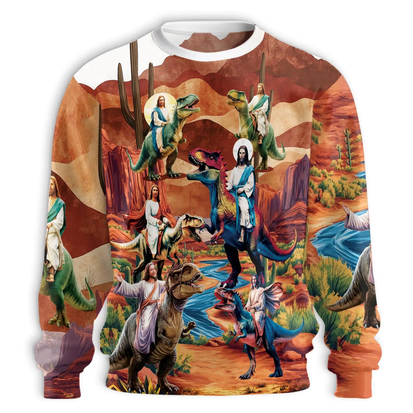Jesus Riding Dinosaur Orange Sweatshirt, 3D All Over Print Christian Prehistoric Crewneck Pullover for Men Women, Jesus and Dinosaur Lover Gift - Netecom