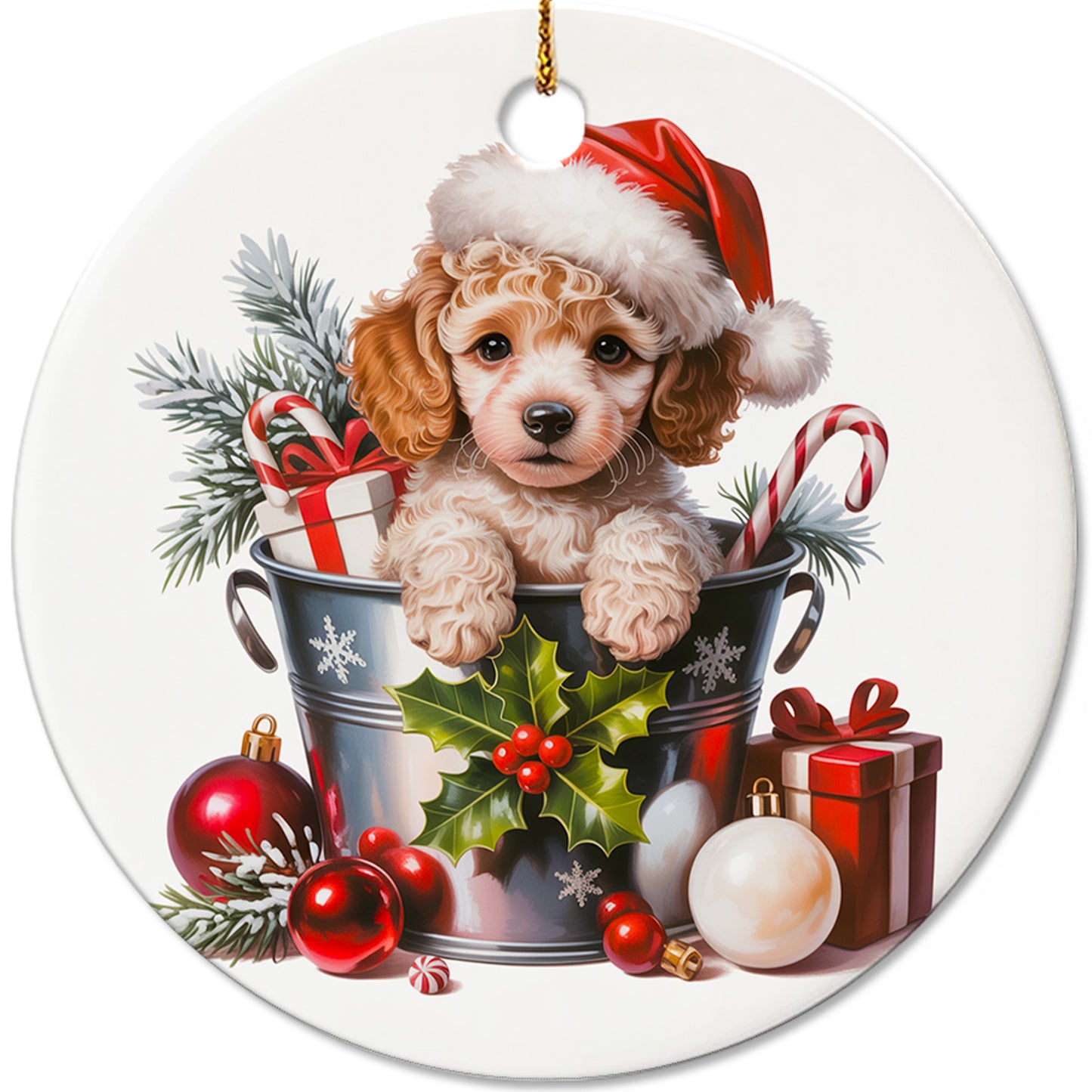 Netecom Cute Poodle in Bucket Ornament, Dog with Santa Hat Ceramic Ornament for Christmas Tree Hanging Decorations Gift, Puppy Lover Gifts, Home Decor, Holiday Party Present