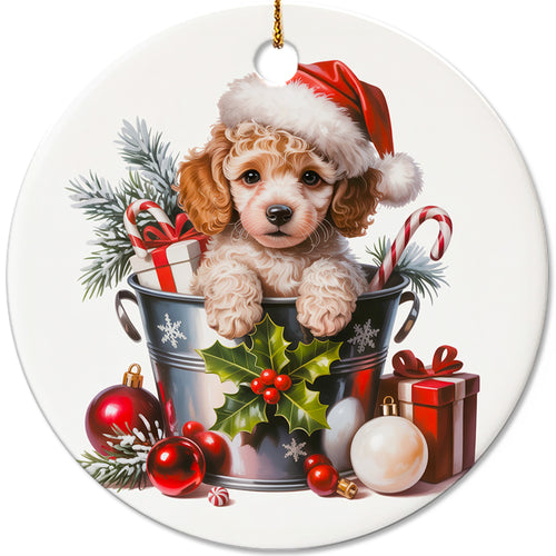 Netecom Cute Poodle in Bucket Ornament, Dog with Santa Hat Ceramic Ornament for Christmas Tree Hanging Decorations Gift, Puppy Lover Gifts, Home Decor, Holiday Party Present