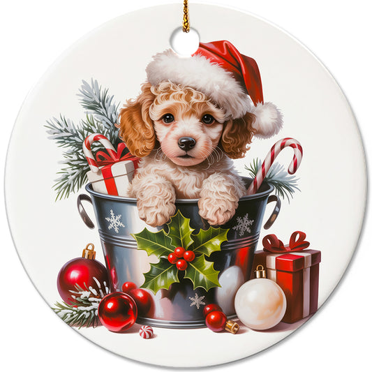 Netecom Cute Poodle in Bucket Ornament, Dog with Santa Hat Ceramic Ornament for Christmas Tree Hanging Decorations Gift, Puppy Lover Gifts, Home Decor, Holiday Party Present