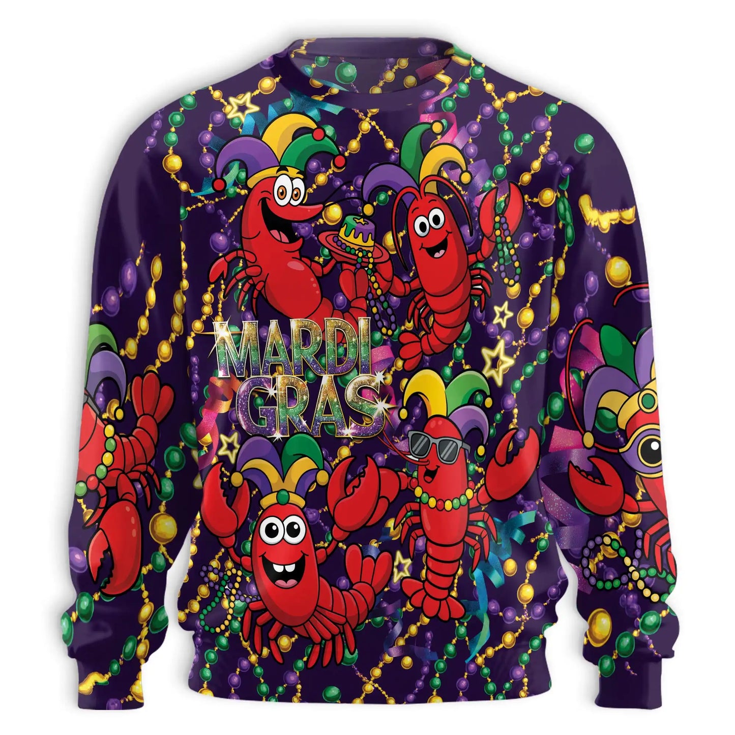 Happy Mardi Gras Shrimps Sweatshirt, 3D All Over Print Carnival Seafood Crewneck Pullover for Men Women, Mardi Gras Gift - Netecom