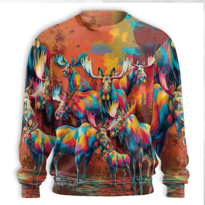 Colorful Moose Sweatshirt, 3D All Over Print Wildlife Crewneck Pullover for Men Women, Moose Lover Gift - Netecom