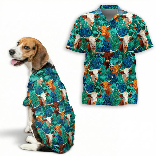 Texas Longhorn Cattle Tropical Leaf Print Hawaii Dog and Owner Matching Button Shirts