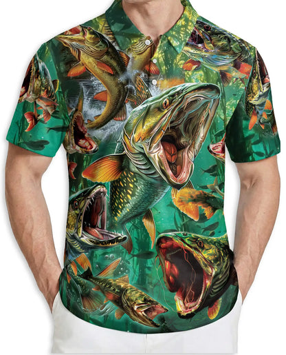 Northern Pike Fishing Polo Shirt for Men- Print Freshwater Angler Fish Shirt | Netecom