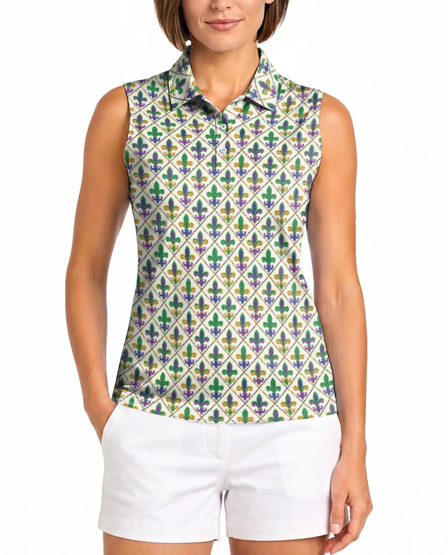 Mardi Gras Fleur de Lis Pattern Sleeveless Polo Shirt for Women | Netecom