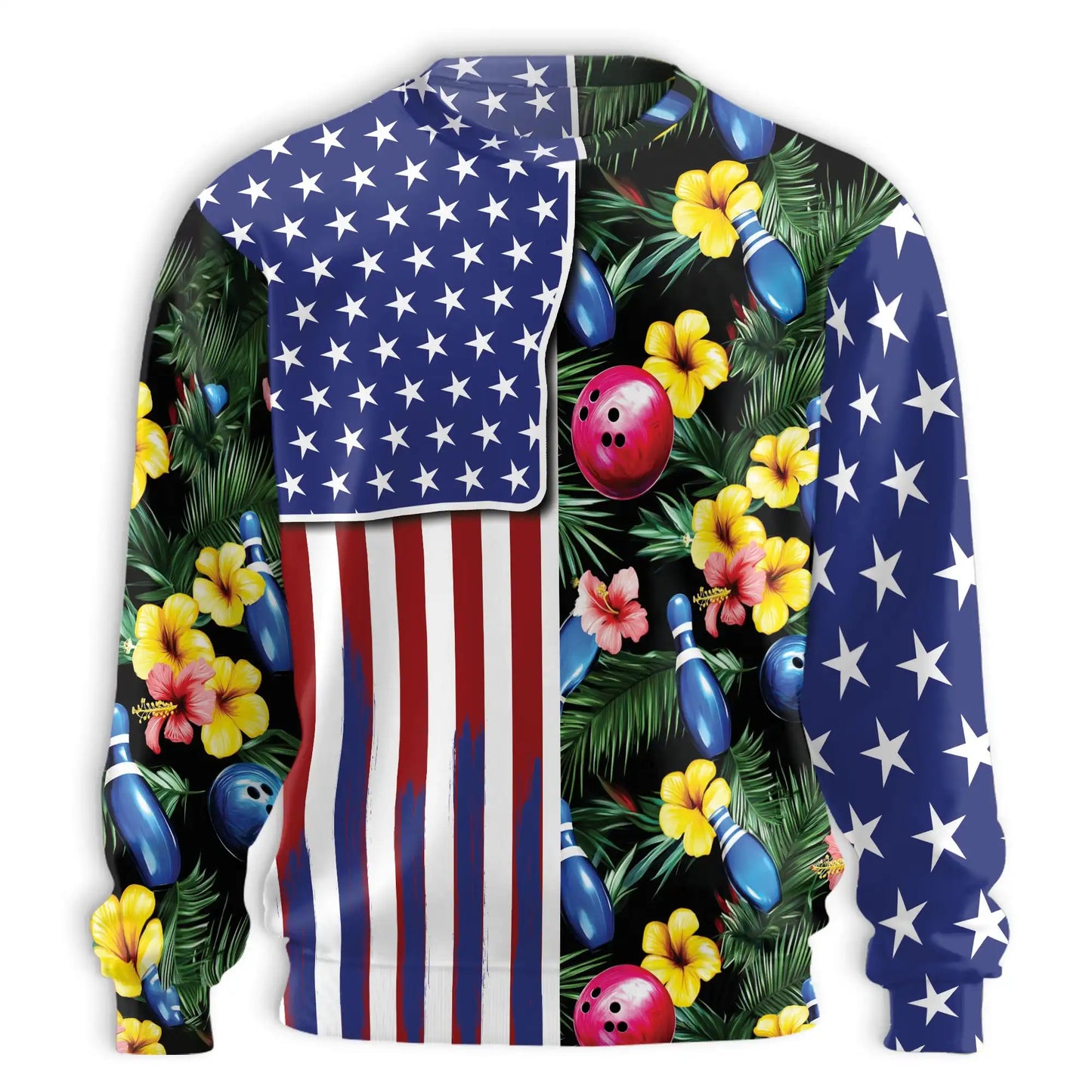 Bowling Tropical USA Sweatshirt, 3D All Over Print Patriotic Bowling Crewneck Pullover for Men Women, Bowler Gift - Netecom