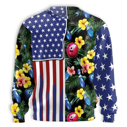 Bowling Tropical USA Sweatshirt, 3D All Over Print Patriotic Bowling Crewneck Pullover for Men Women, Bowler Gift - Netecom