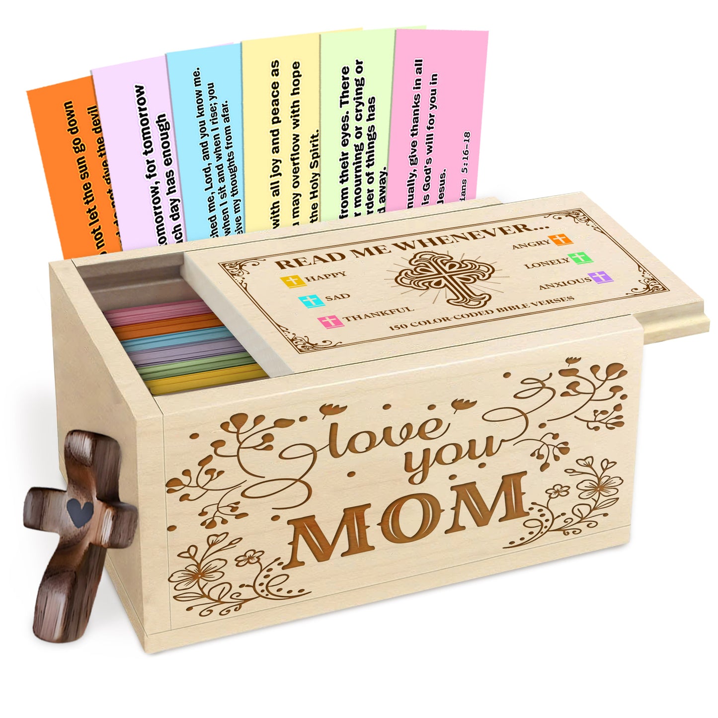 Netecom Personalized Bible Verse Box for Mom, Wooden Scripture Box with 150 Color-Coded Verses & Custom Name Prayer Cross – Meaningful Christian Gift for Mother