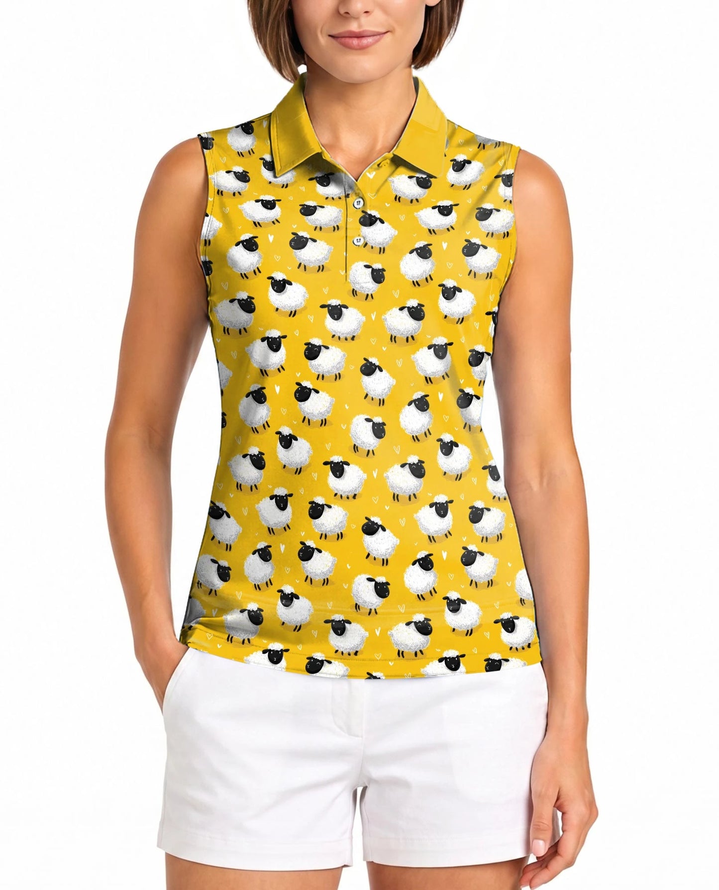 Cute Sheep Sleeveless Polo Shirt for Women – Adorable Farm Animal Style | Netecom