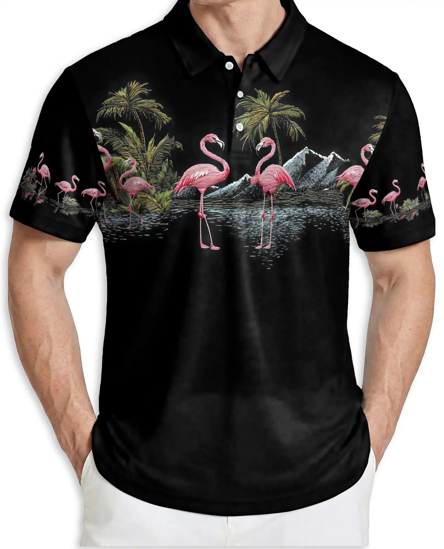 Pink Flamingo Tropical Paradise Polo Shirt for Men-Beach Summer Shirt | Netecom