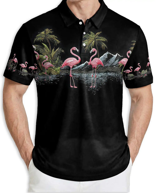 Pink Flamingo Tropical Paradise Polo Shirt for Men-Beach Summer Shirt | Netecom