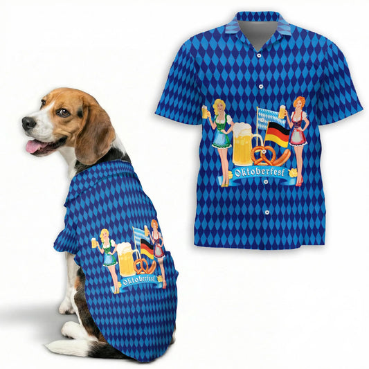 Oktoberfest Beer Celebration Print Hawaii Dog and Owner Matching Button Shirts