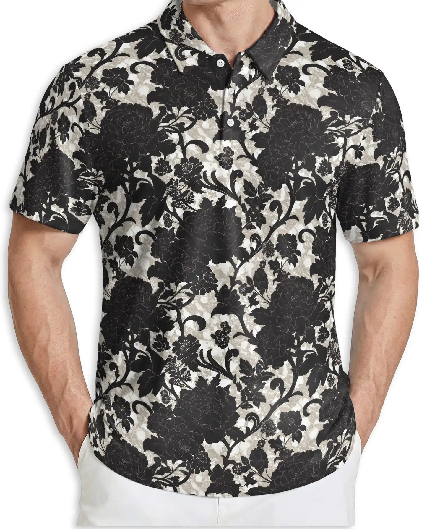 Black White Floral Damask Polo Shirt for Men- Vintage Flower Pattern | Netecom