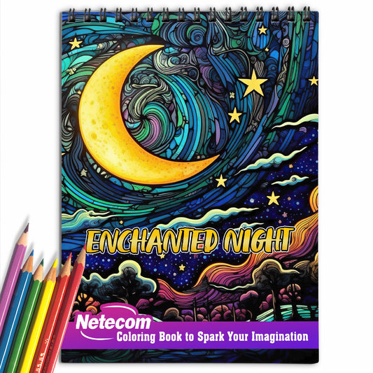 Enchanted Night Spiral Bound Coloring Book, Indulge in 30 Serene Coloring Pages, Inviting You to Relax and Find Peace in the Enchanted Night