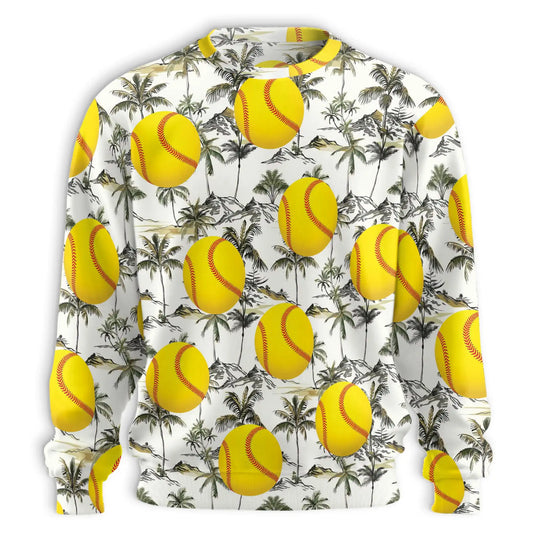 Yellow Softball Palm Tree Sweatshirt, 3D All Over Print Tropical Sports Crewneck Pullover for Men Women, Softball Lover Gift - Netecom