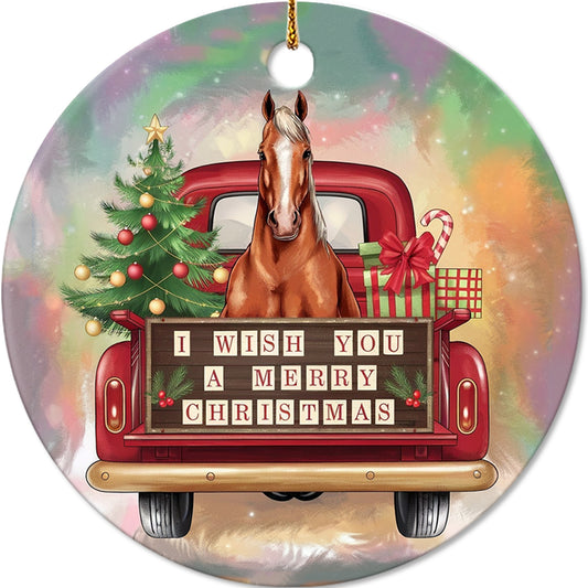 Netecom Vintage Horse in Red Truck Ornament, I Wish You a Merry Christmas Ceramic Ornament for Christmas Tree Hanging Decorations Gift, Horse Lover Gifts, Holiday Party Present
