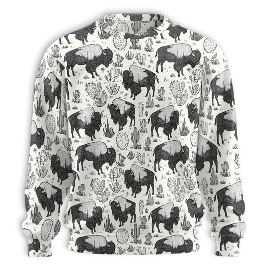 Bison Pattern Sweatshirt, 3D All Over Print American Buffalo Wildlife Crewneck Pullover for Men Women, Bison Lover Gift - Netecom
