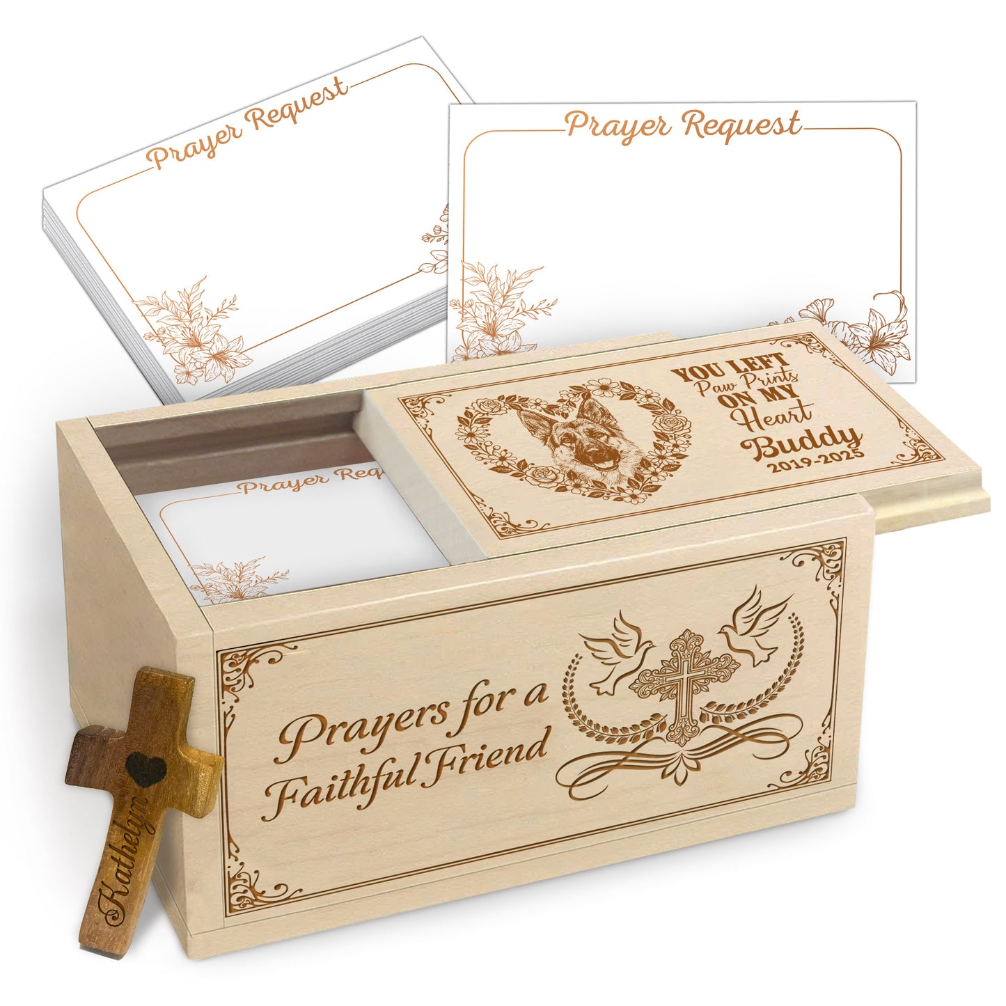 Netecom Personalized Dog Memorial Prayer Box with Custom Name and Year, 100 Prayer Request Cards & Wooden Cross – Christian Remembrance Keepsake for Pet Loss