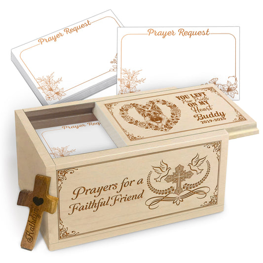Netecom Personalized Dog Memorial Prayer Box with Custom Name and Year, 100 Prayer Request Cards & Wooden Cross – Christian Remembrance Keepsake for Pet Loss