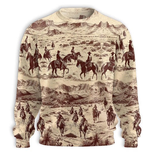 Vintage Cowboy Horse Riding Sweatshirt, 3D All Over Print Western Rodeo Crewneck Pullover for Men Women, Cowboy Lover Gift - Netecom