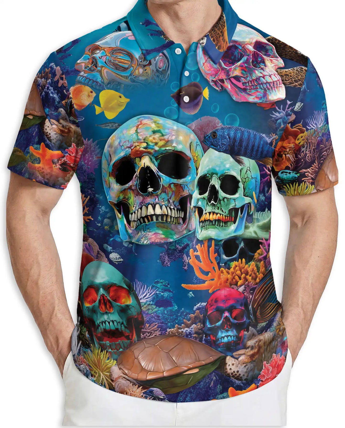 Ocean Skull 3D Polo Shirt for Men – Underwater Gothic Sea Style | Netecom