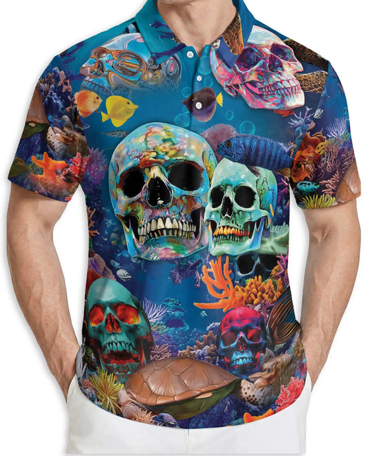 Ocean Skull 3D Polo Shirt for Men – Underwater Gothic Sea Style | Netecom