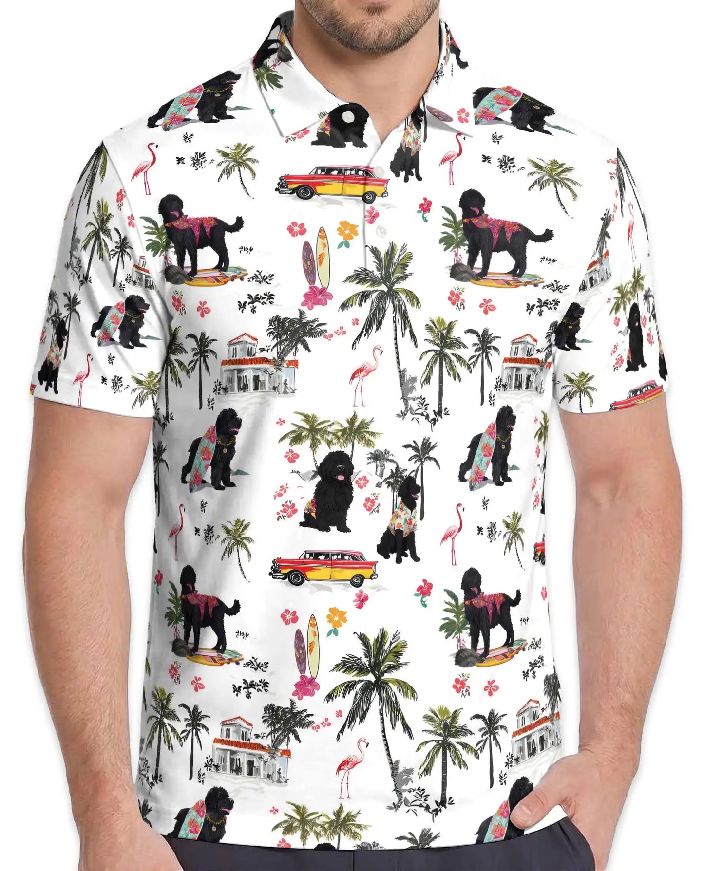 Black Poodle Tropical Beach Polo Shirt for Men- Print Hawaiian Dog  | Netecom