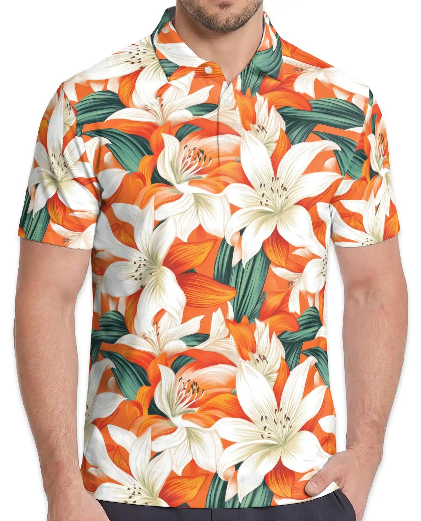 Orange Lily Polo Shirt for Men – Tropical Floral Style | Netecom