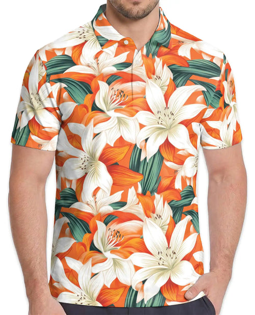 Orange Lily Polo Shirt for Men – Tropical Floral Style | Netecom
