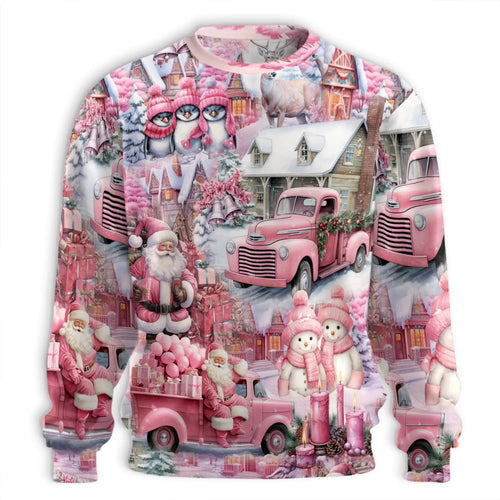 Pink Car Santa Christmas Sweatshirt, 3D All Over Print Holiday Vehicle Crewneck Pullover for Men Women, Christmas Gift - Netecom