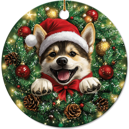 Netecom Funny Akita Christmas Ornament, Dog Santa Hat Ceramic Ornament for Xmas Tree Hanging Decorations Gift, Puppy Lover Gifts, Home Decor, Holiday Party Present