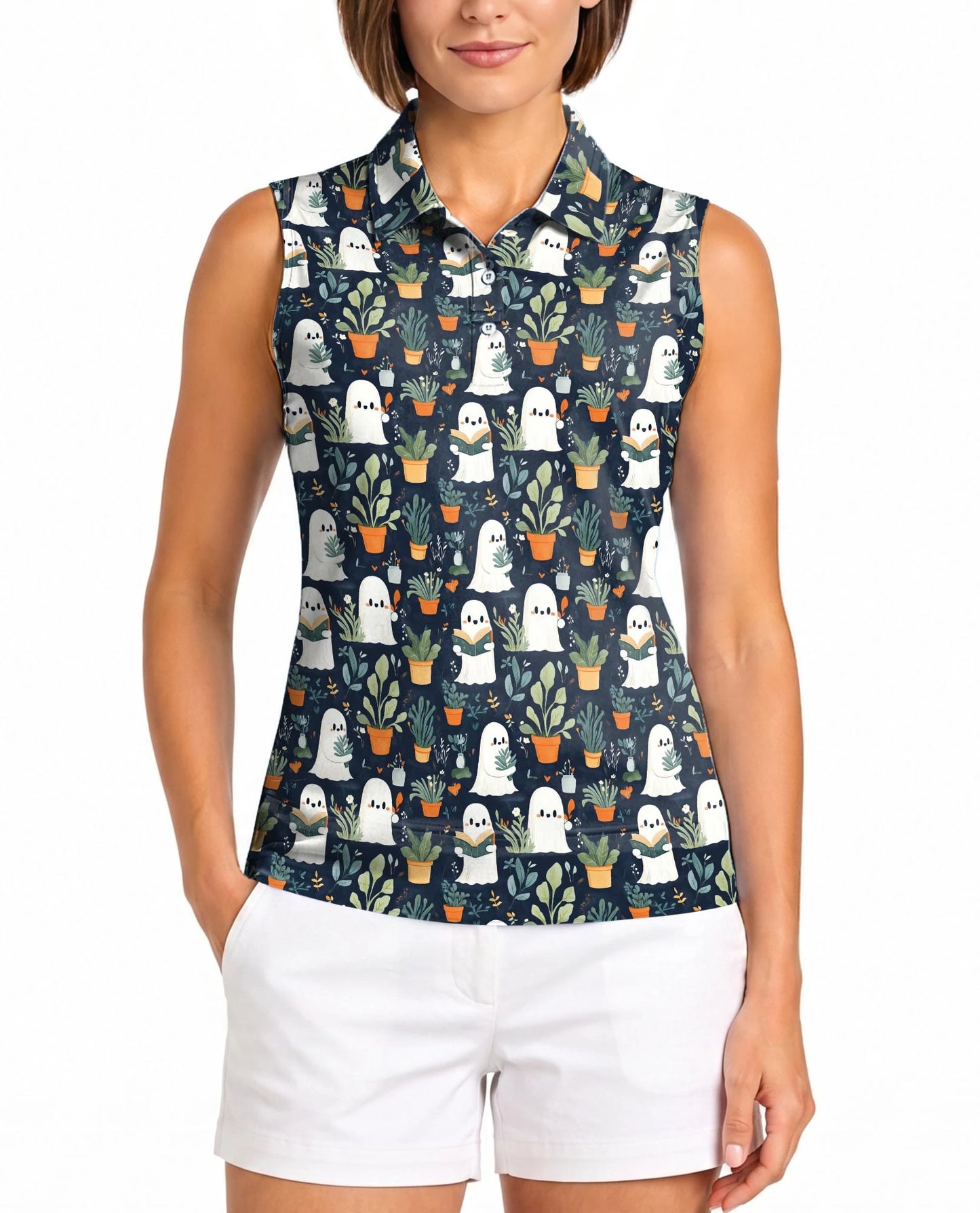 Cute Ghost Holding Plants Pattern Sleeveless Polo Shirt for Women | Netecom