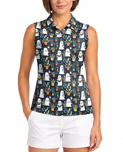 Cute Ghost Holding Plants Pattern Sleeveless Polo Shirt for Women | Netecom