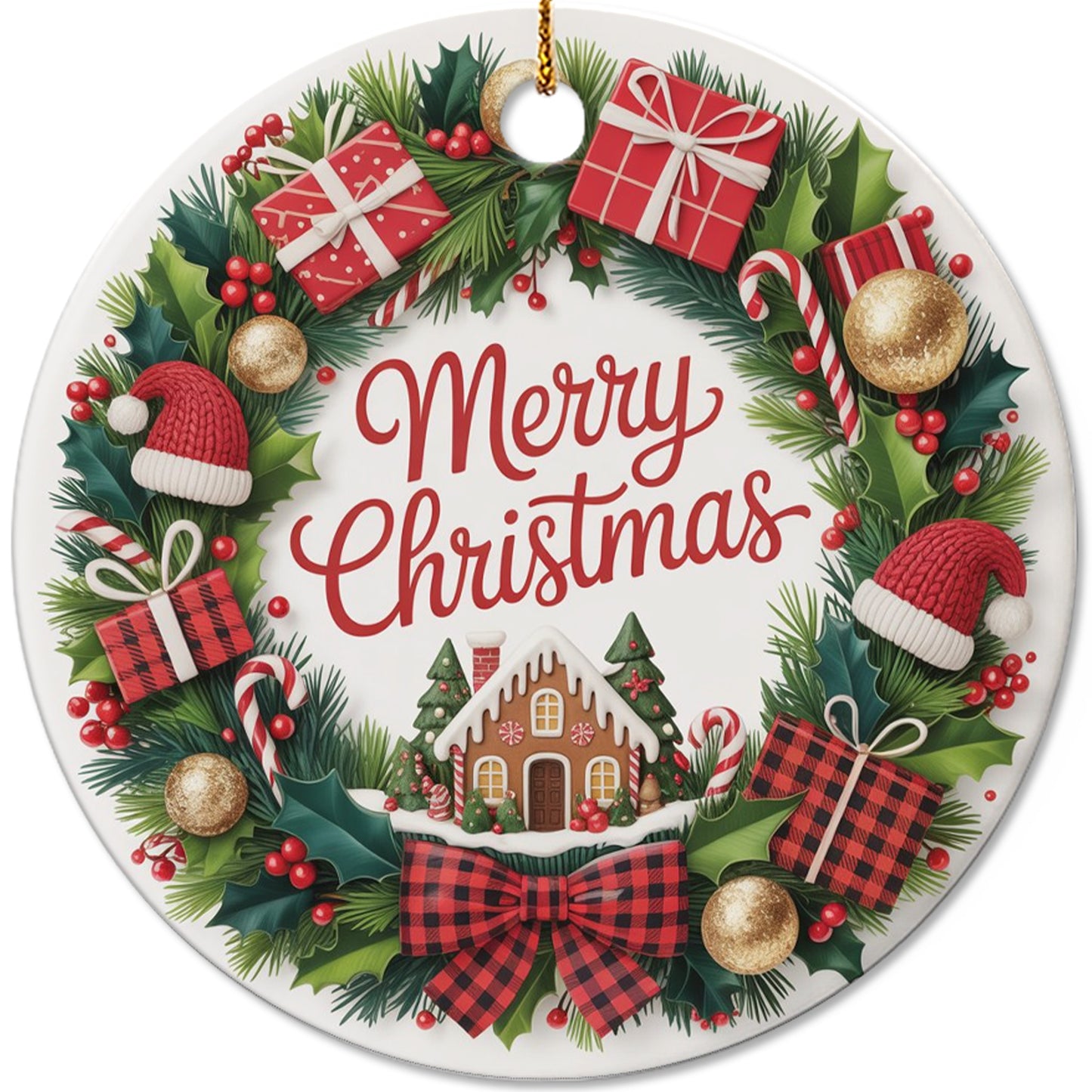 Netecom Merry Christmas Ornament, Christmas Wreath with Gifts and Gingerbread House Ceramic Ornament for Xmas Tree Hanging Decorations Gift, Home Decor, Holiday Party Present