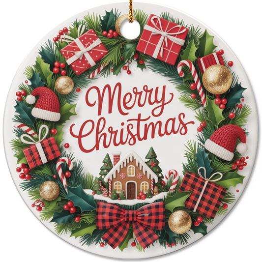 Netecom Merry Christmas Ornament, Christmas Wreath with Gifts and Gingerbread House Ceramic Ornament for Xmas Tree Hanging Decorations Gift, Home Decor, Holiday Party Present