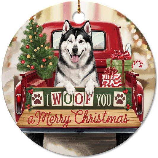 Netecom Funny Alaskan Malamute in Red Truck Ornament, I Woof You a Merry Christmas Ceramic Ornament for Christmas Tree Hanging Decorations Gift, Dog Lover Gifts, Holiday Party Present