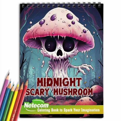 Midnight Scary Mushroom Spiral Bound Coloring Book, Dive into 30 Haunting Coloring Pages, Capturing the Sinister Beauty of Scary Mushrooms