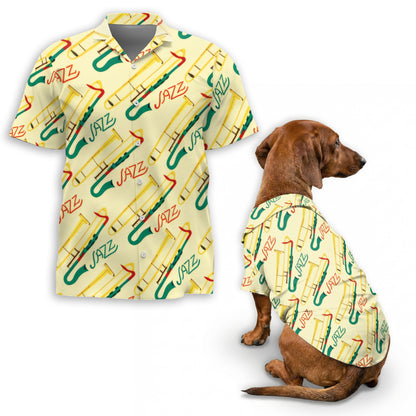 Netecom Matching Trombone Pattern Hawaiian Shirt for Dog and Owner, Aloha Summer Shirt, Music Print Button Down Outfit for Pet and Human, Beach Vacation Casual Wear