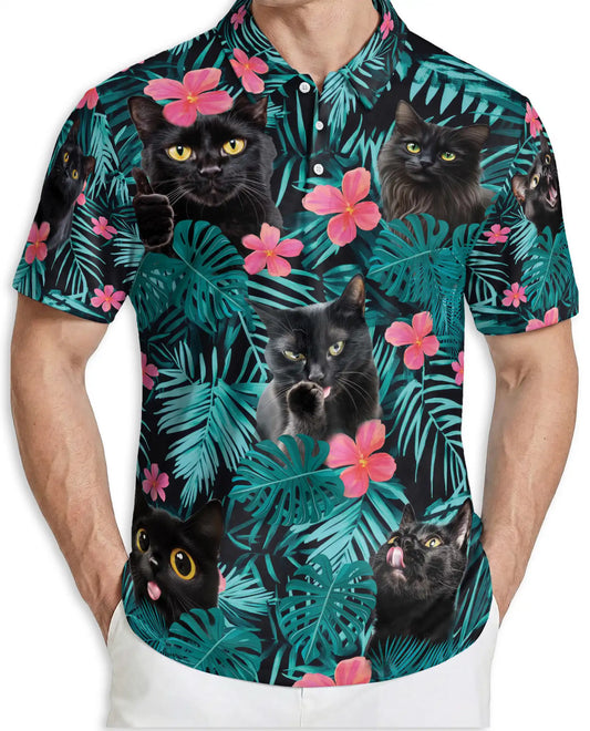 Black Cat Tropical 3D Polo Shirt for Men – Funny Floral Kitty Style | Netecom