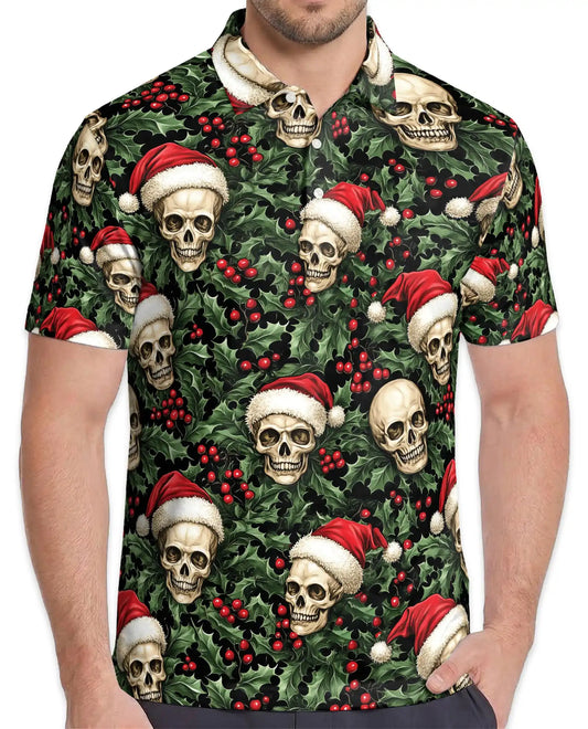Christmas Skull 3D Polo Shirt for Men – Gothic Holiday Santa Style | Netecom