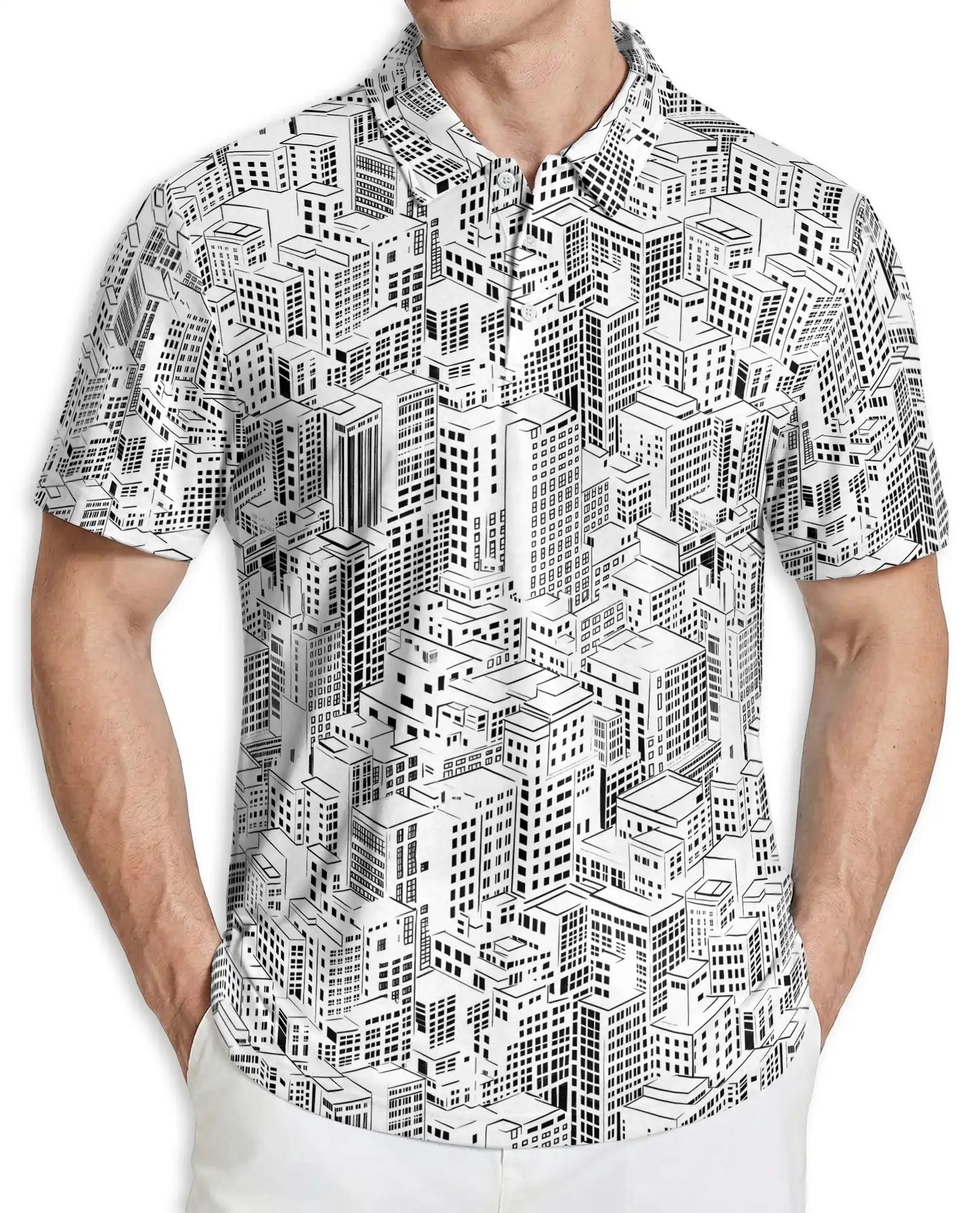 Black & White Cityscape Polo Shirt – Urban Skyline Pattern | Netecom