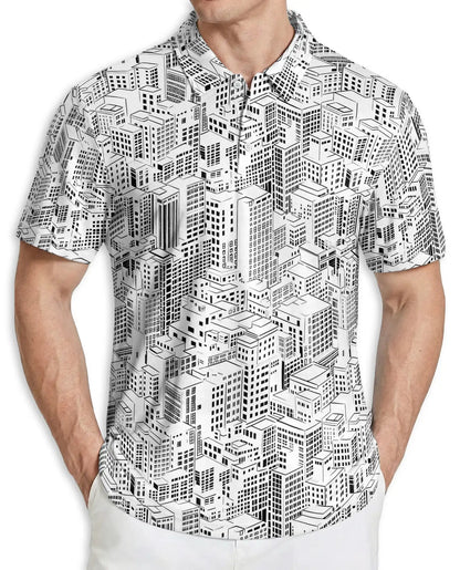 Black & White Cityscape Polo Shirt – Urban Skyline Pattern | Netecom