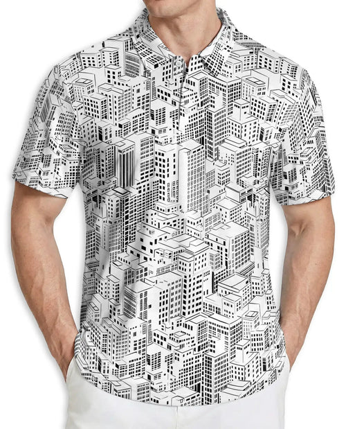 Black & White Cityscape Polo Shirt – Urban Skyline Pattern | Netecom