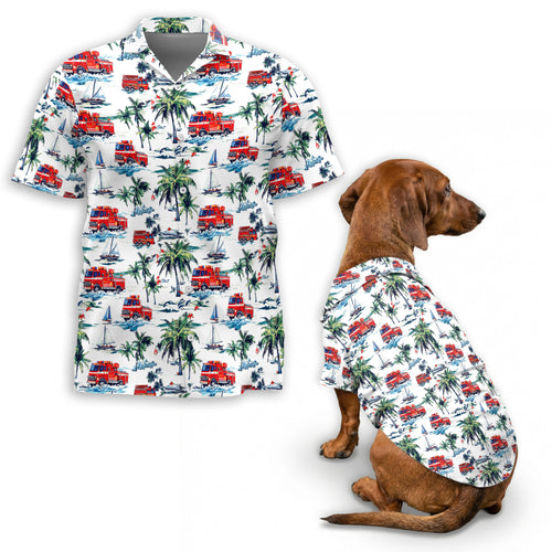 Netecom Matching Fire Truck Hawaiian Shirt for Dog and Owner, Friend of Firefighter Aloha Summer Shirt, Casual Button Down Style for Pet and Human