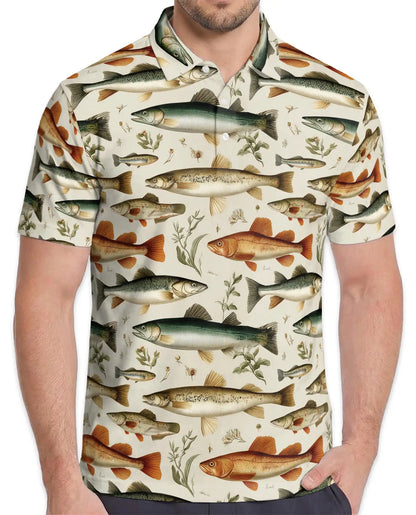Vintage Fish Species Polo Shirt - Freshwater Angler Nature Style | Netecom