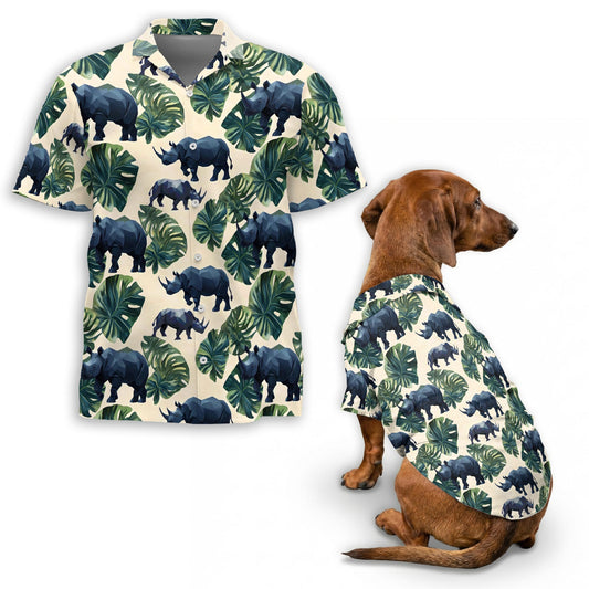 Netecom Matching Amazing Rhino Aloha Hawaiian Shirt for Dog and Owner, Aloha Summer Shirt, Wildlife Rhino Print Outfit for Pet and Human, Beach Vacation Casual Wear