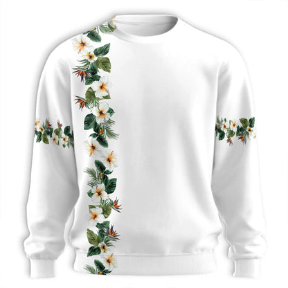 Hibiscus Floral White Sweatshirt, 3D All Over Print Tropical Flower Crewneck Pullover for Men Women, Hibiscus Lover Gift - Netecom